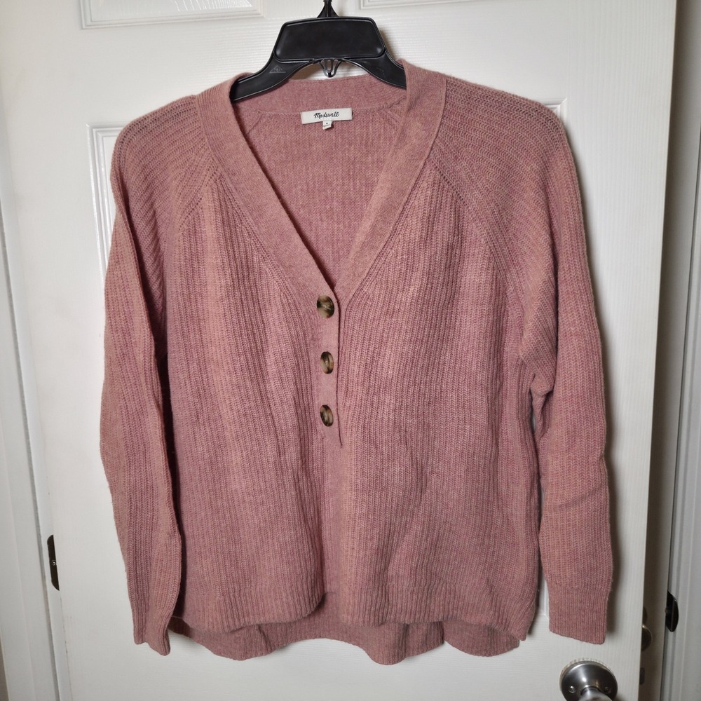 Madewell sz S Pink Ribbed chunky Knit Lyle Henley Sweater Merino Wool Blend